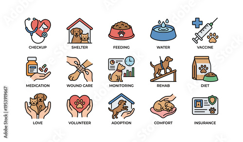 Comprehensive dog care icons: feeding, shelter, adoption, health monitoring