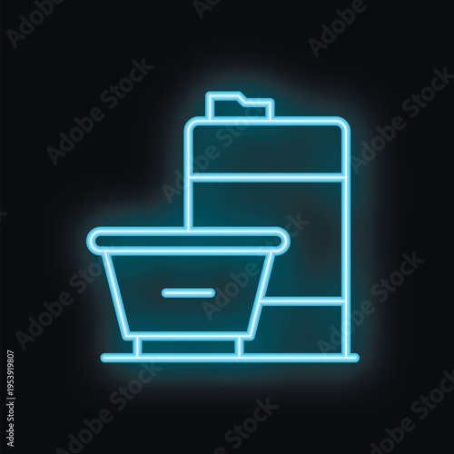 Blue glowing neon sign of a water cooler with disposable cups on a black background