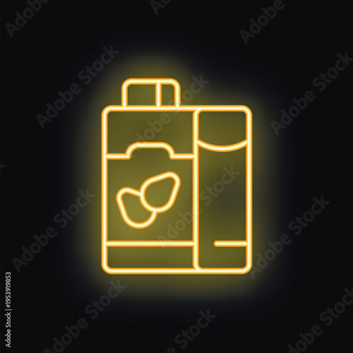 Yellow glowing neon sign representing a modern design almond milk carton, isolated on black background
