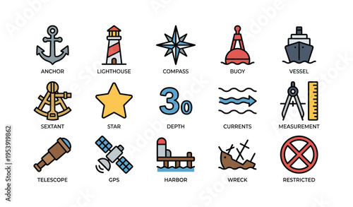 Colorful marine navigation icons set featuring compass, vessel, and lighthouse illustrations