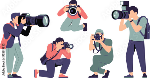 Photographers capture action shots using professional DSLR cameras with large.