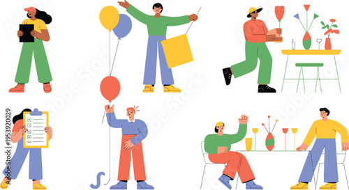 People celebrate an occasion with colorful balloons and gift bags in an open.