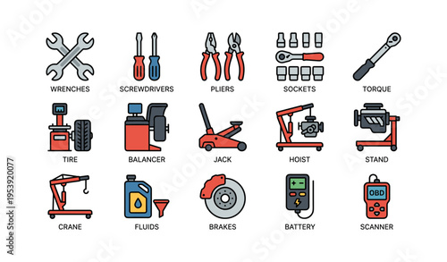 Automotive tools and equipment icons set including wrenches, screwdrivers, pliers, and more