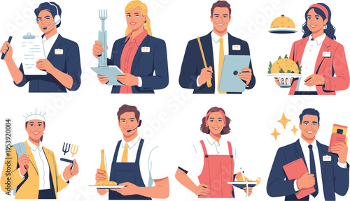 Service industry professionals demonstrate various hospitality roles for.