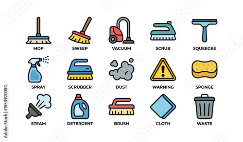 Cleaning tools icons set including mop, vacuum, scrub brush, squeegee, and detergent