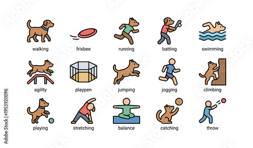 Illustrated icons of dogs and people performing various activities