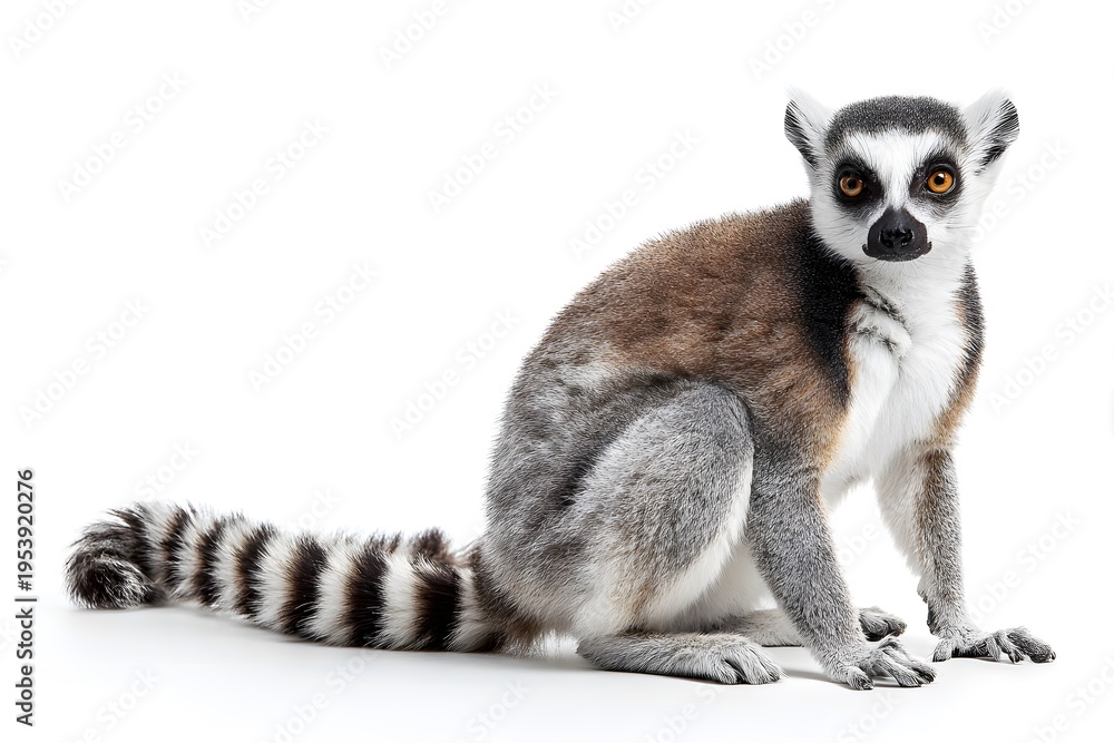 Fototapeta premium Ring-tailed lemur sitting calmly on a white background with its iconic striped tail
