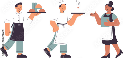 Restaurant service team members carry trays of food and take orders in a.
