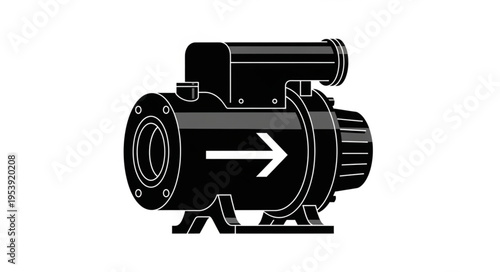 Detailed Illustration of a Black Industrial Water Pump with Arrow.