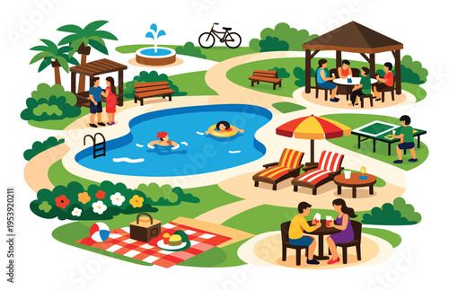 People enjoying leisure activities, swimming, relaxing, having a picnic, and playing games on a sunny summer day in a park