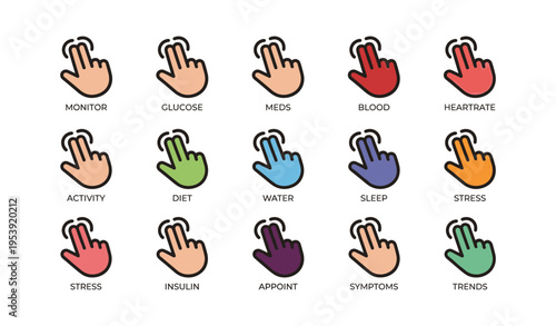 Colorful medical monitoring icons for health management: glucose, blood, meds, heart rate indicators