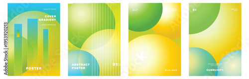 Colorful cover gradient posters with bright green and yellow translucent spheres and vertical bar elements for a dynamic creative community brand.