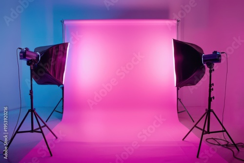 A well-lit, professional studio setup with two softboxes and a pink background, perfect for photography and video production.