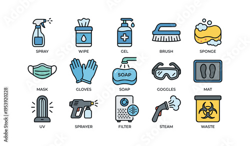 Sanitation tools and equipment icons for hygiene and cleaning practices