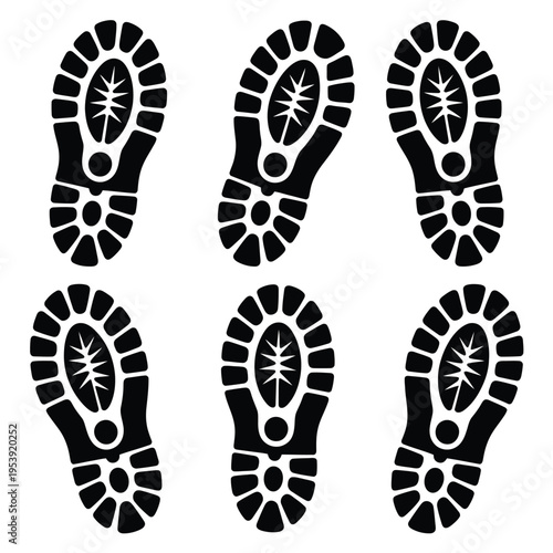 Footprint and shoe print vector silhouettes, including various shoe types and barefoot impressions on transparent background