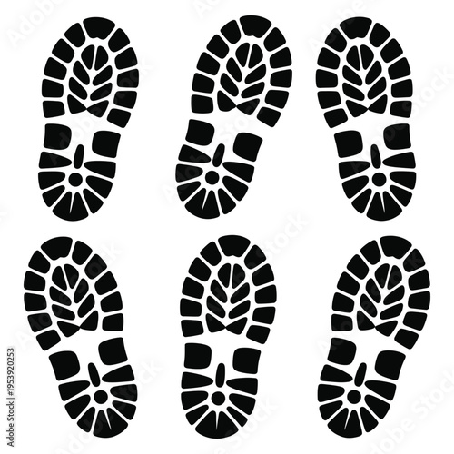Footprint and shoe print vector silhouettes, featuring casual, athletic, and formal shoe designs along with barefoot marks