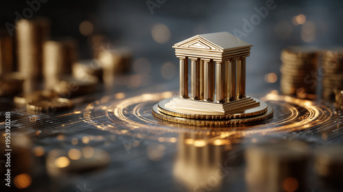A gold bank building model on a coin surrounded by stacks of coins on a reflective surface