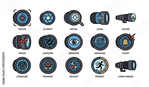 Camera settings icons focus track capture observe measure alert stabilize manage adjust persist