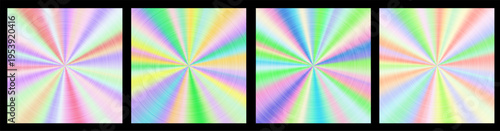 Holographic radial gradients set. Abstract blurred polished backgrounds. Square brushed metalic template. Iridescent foil surface. Great for web design, banner, poster