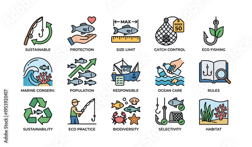 Sustainable fishing practices icons - conservation, eco fishing, marine life, biodiversity