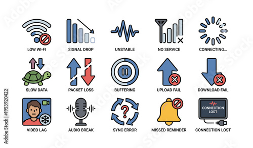 Network and connection issues icons: wi-fi, signal drop, unstable, no service, buffering