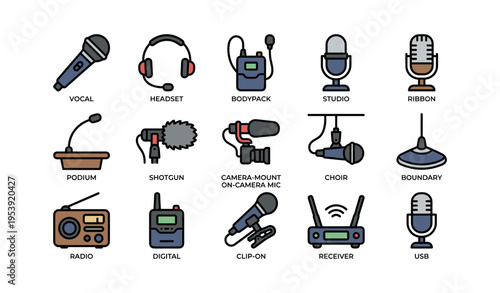 Diverse microphone and audio equipment icons for studio and field recording