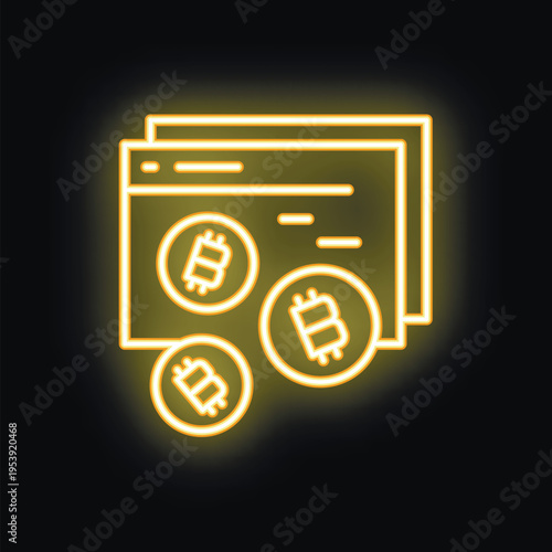Neon bitcoin cryptocurrency icon glowing yellow showing online payment concept