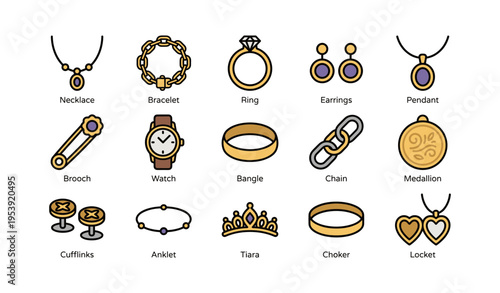 Elegant jewelry icons: necklace, bracelet, ring, earrings, watch, tiara, choker, cufflinks