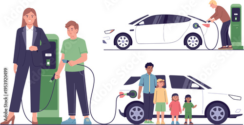 Family and business professionals utilize electric vehicle charging stations.