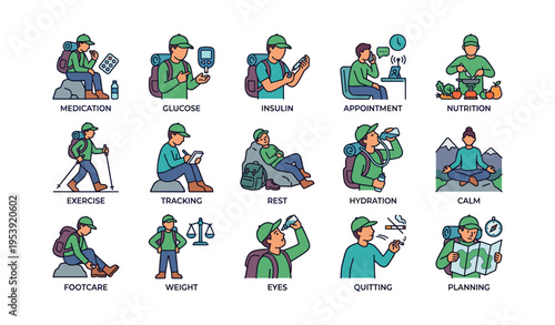 Diabetes management icons: medication, exercise, nutrition, tracking, planning