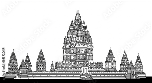 Detailed Line Art Depiction of a Traditional Asian Temple Complex.