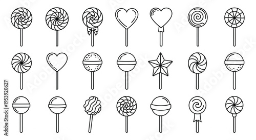 Lollipop Candy Line Icon Set, Sweet Swirl Confectionery Outline Vector Collection Isolated