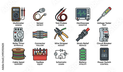 Electrical tools and equipment icons set for testing and repairs
