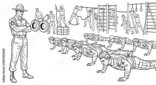 Drill Sergeant Overseeing Push-Ups - Military Training and Discipline.