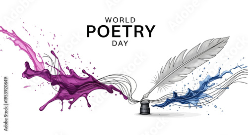 Vector illustration of a quill pen with purple and blue ink splashes celebrating World Poetry Day with a literary arts concept on a white background.