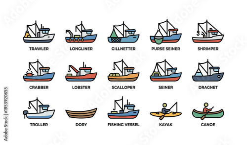 Colorful illustrations of various fishing boats and vessels