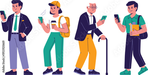 Diverse group of four people stands looking intently at their personal mobile.