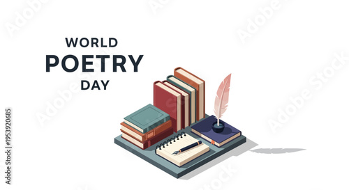 Isometric illustration of books, notebook, and quill pen celebrating World Poetry Day with a literary arts concept on a white background.