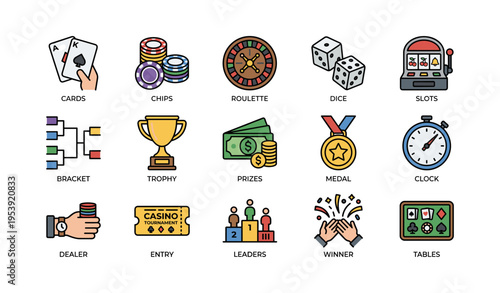 Gambling icons: cards, chips, roulette, dice, slots, trophy, prizes, medal, clock