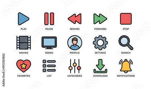 Colorful media and interface icons including play, pause, profile, settings, and notifications