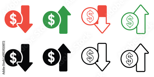 Cost Increase and Decrease Icon Set Featuring Profit Loss Dollar Investment Savings Financial Growth Vector Illustration
