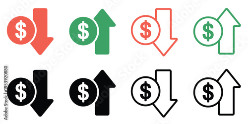 Cost Increase and Decrease Icon Set Showing Profit Loss Dollar Investment Savings Financial Growth Vector Illustration