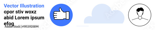 Social media, user interface, networking platforms, communication, identity, community interaction. Thumbs-up icon, profile avatar and cloud shapes. Social media and user interface design concept