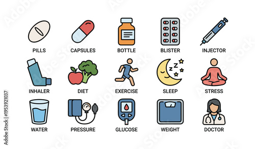 Health management icons: pills, capsules, bottle, exercise, sleep, diet, doctor, stress, weight, wellness