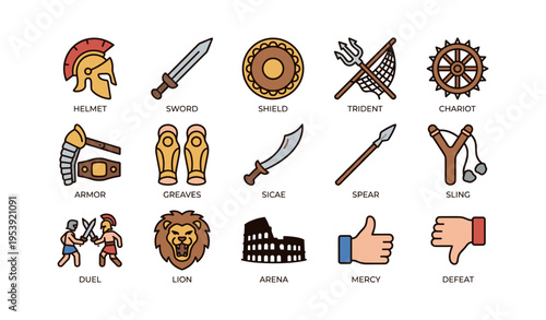 Ancient roman symbols: helmet, sword, shield, trident, chariot, gladiator, colosseum