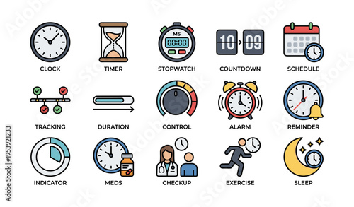Time management icons: clock, timer, stopwatch, calendar, exercise, sleep