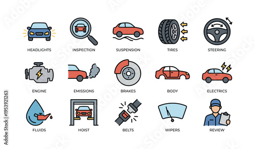 Auto maintenance icons illustration featuring car parts and services