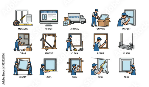 Steps of window installation process illustrated with workers and tools