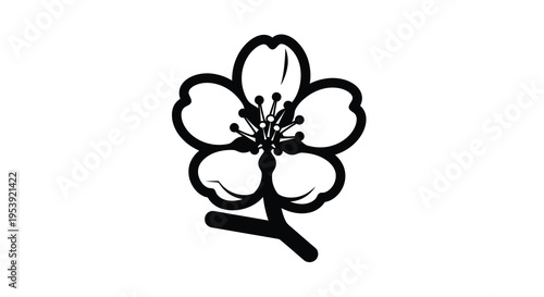 A simple black and white illustration depicts a cherry blossom flower with a visible stem high quality