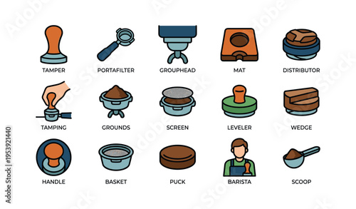 Coffee preparation tools: tamper, portafilter, grounds, barista, scoop